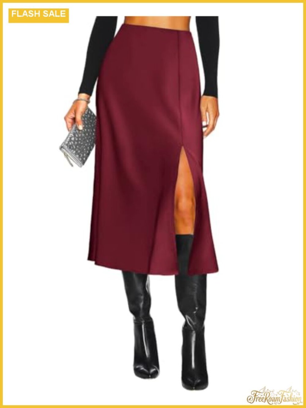 Satin Midi Skirt High Waisted A-Line Side Slit Silk Long Skirt